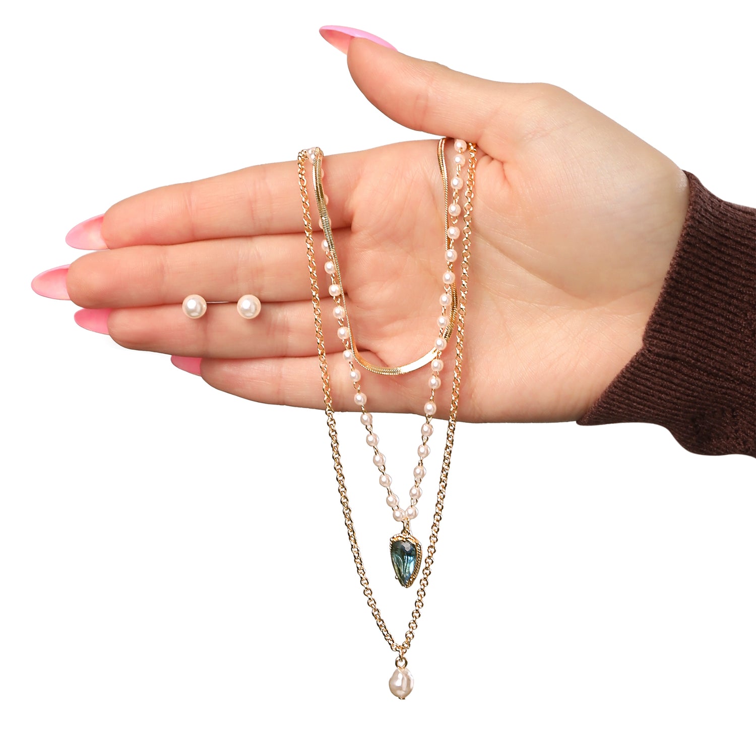 Celebrity Pink Pearl Earrings and Gold Necklaces Jewelry Set, 4-Piece