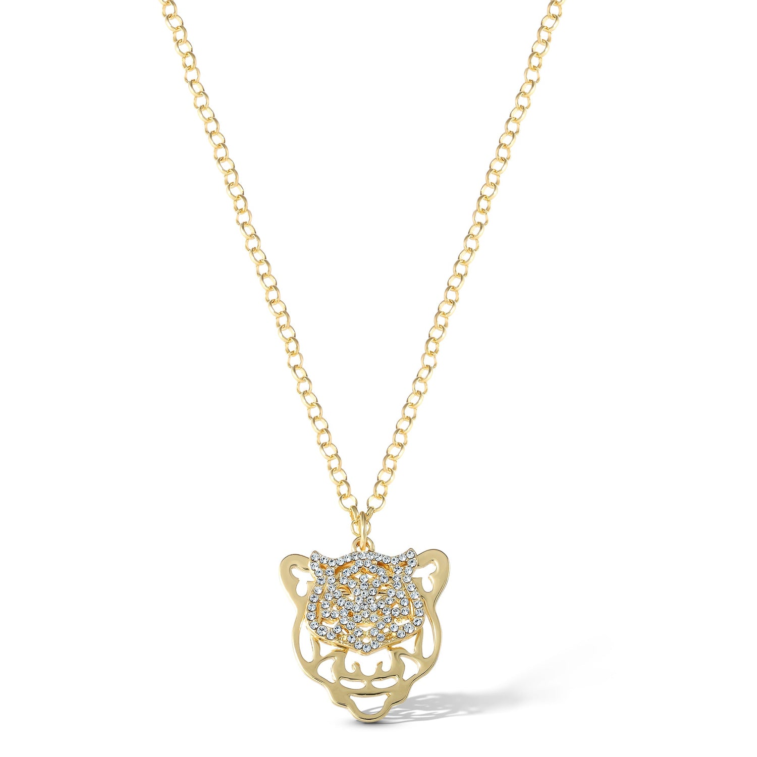 Jessica Simpson Womens Tiger Necklace 17" + 2" - Gold-Tone Tiger Pendant Necklace with Rhinestones