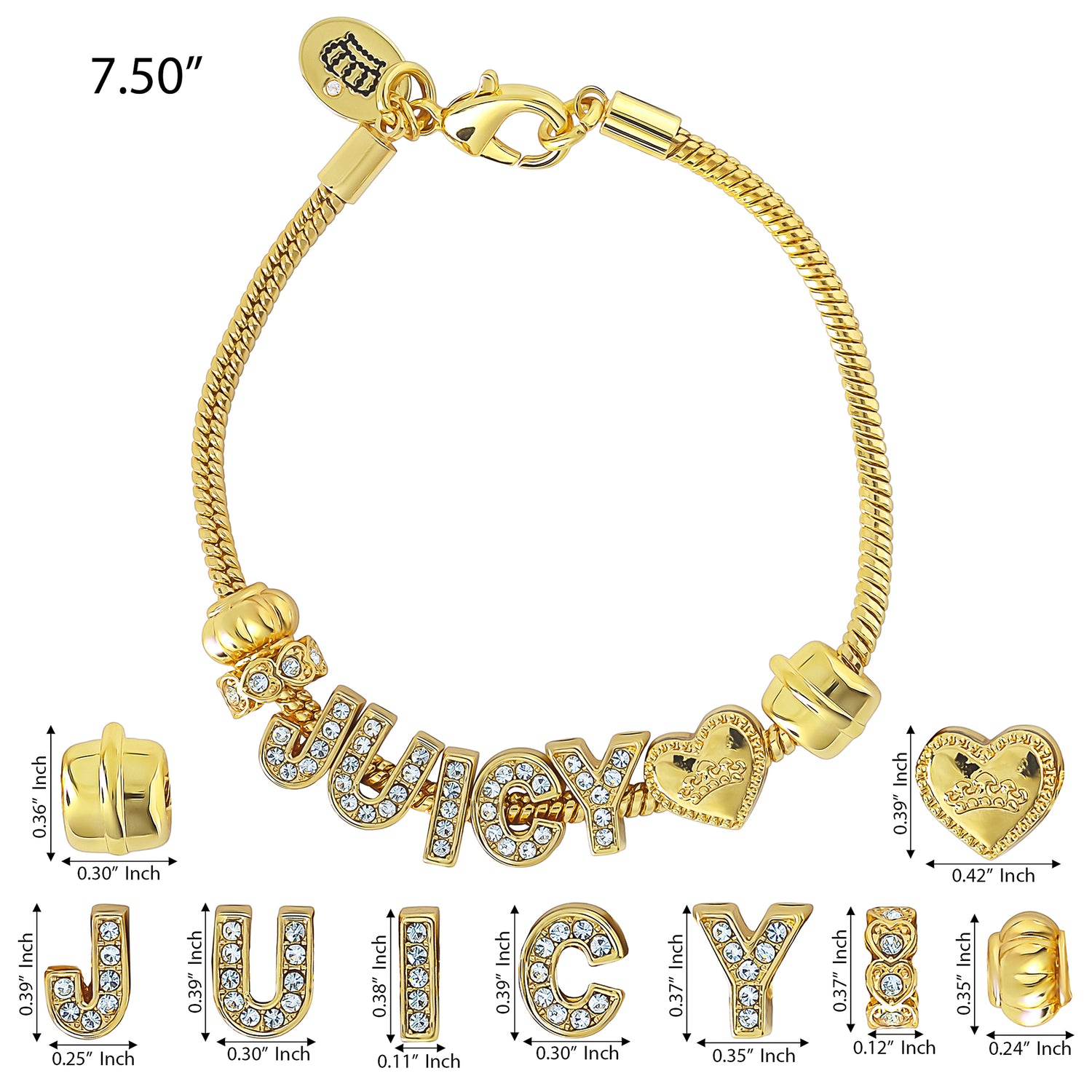 Juicy Couture Logo Charm Bracelets for Women, 7.5", Gold-Tone