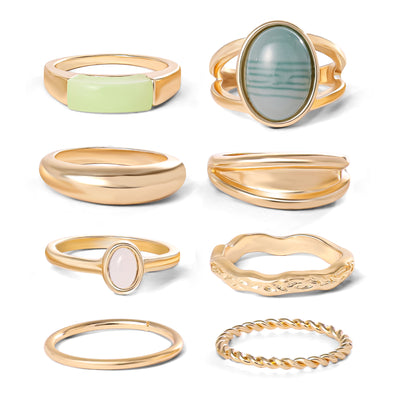 Jessica Simpson Gold-Tone 8-Piece Stacking Ring Set with Green Stone Accents - Size 7