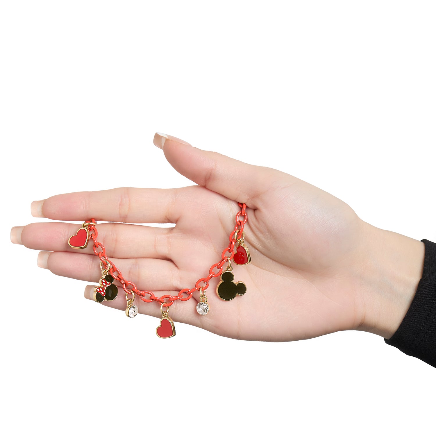 SALLY ROSE Mickey and Minnie Mouse Charm Bracelet with Red Chain Official License, 6.5"+1" Gold-Tone Fashion Charm Bracelet for Women