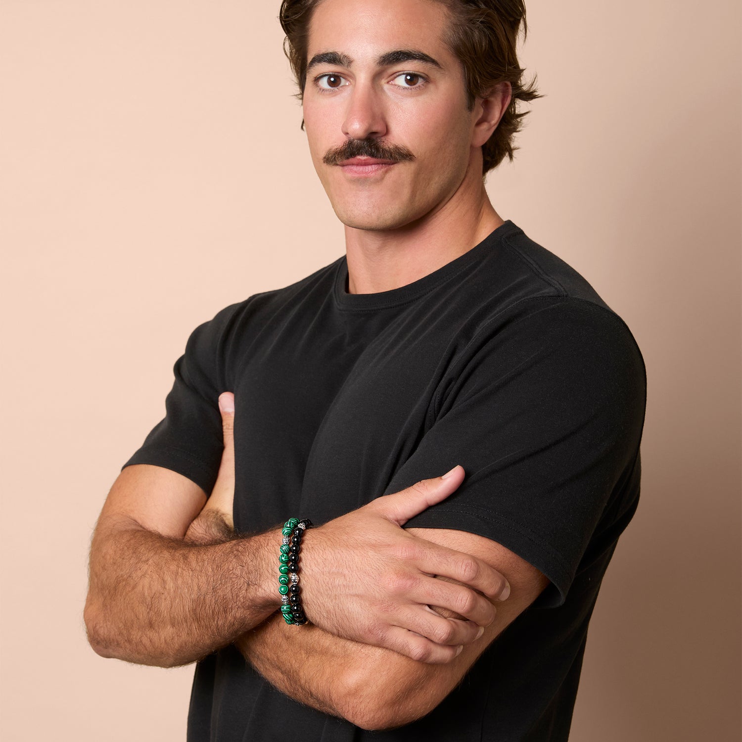 SALLY ROSE Mens Beaded Black Bracelet 2 Pieces, Stretch Mens Bracelets Beads 8mm Black Onyx and Snowflake Obsidian