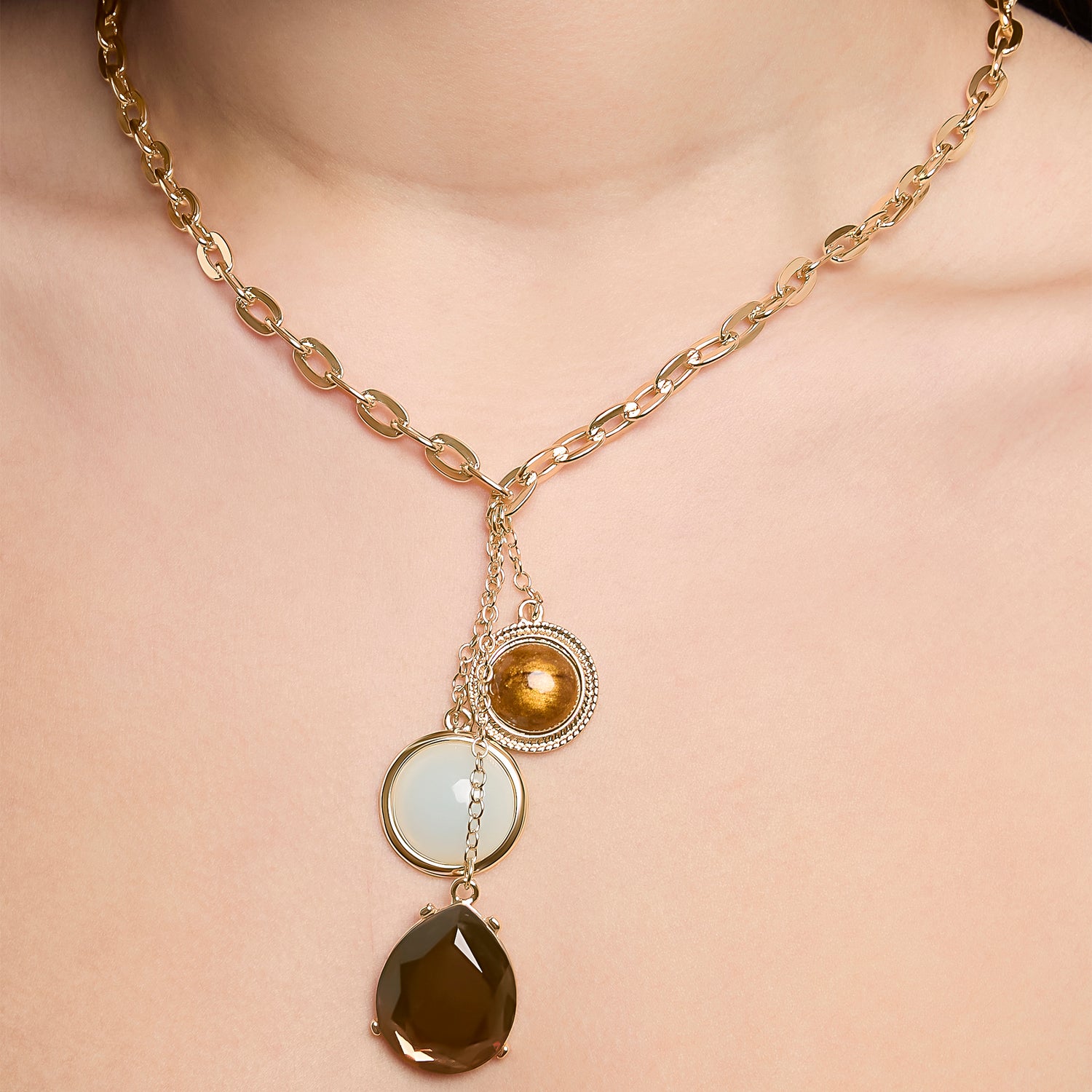 Jessica Simpson Resin Stone Dangle Pendant Necklace for Women, 18"+3" Gold-Tone Statement Necklace