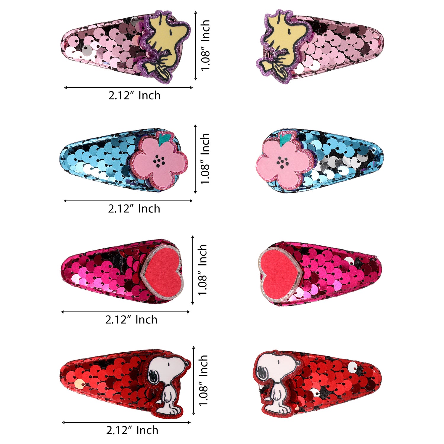 Peanuts Snoopy and Woodstock Sequin Snap Back Hair Clips 8-Piece Set Official License, Peanuts Gifts, Snoopy Things