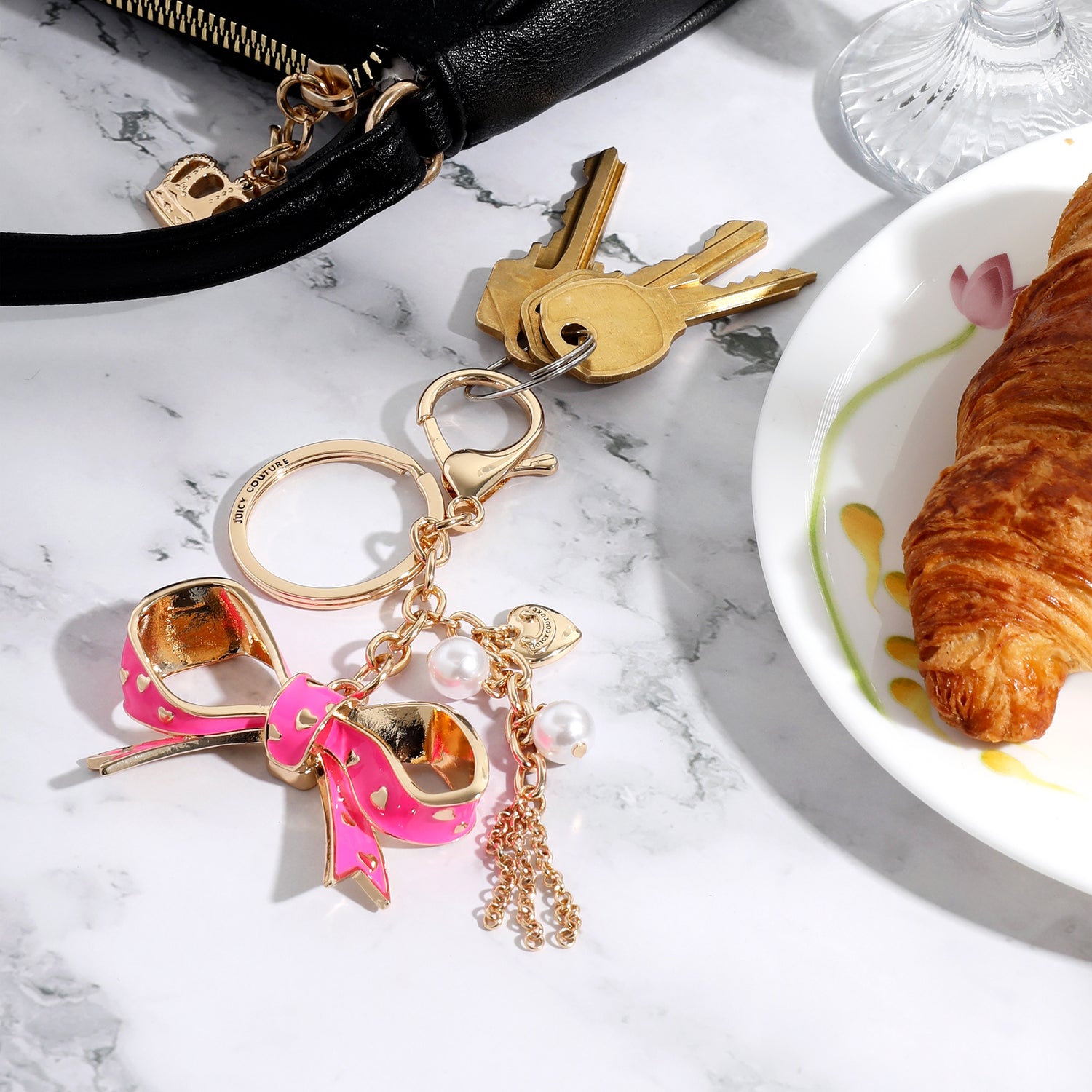 Juicy Couture Pink Enamel Heart Keychain With Faux Pearls & Juicy Logo Charm