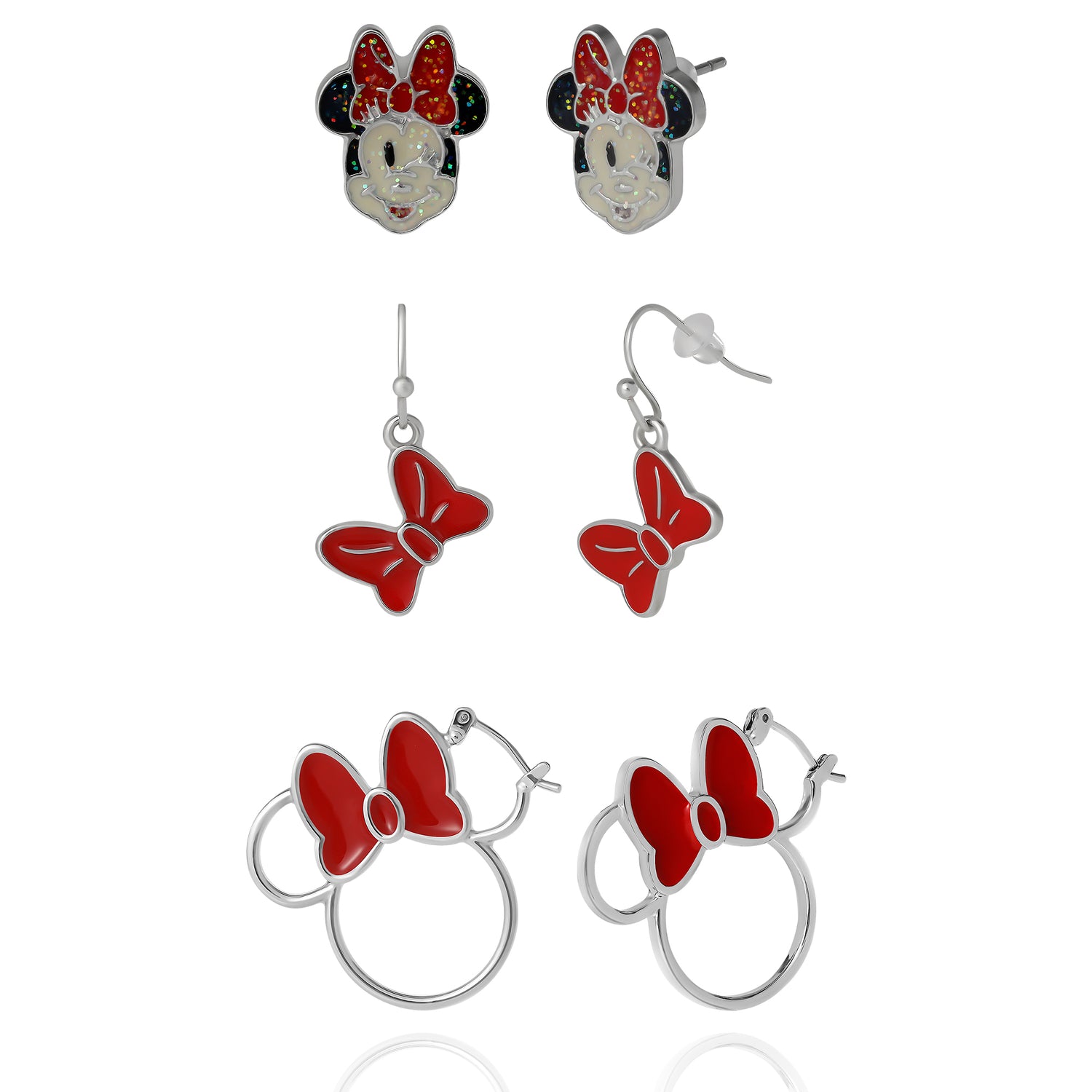 Disney Minnie Mouse Red Bow Earring Set, 3 Pairs (Hoops, Drops & Studs), Silver‑Tone