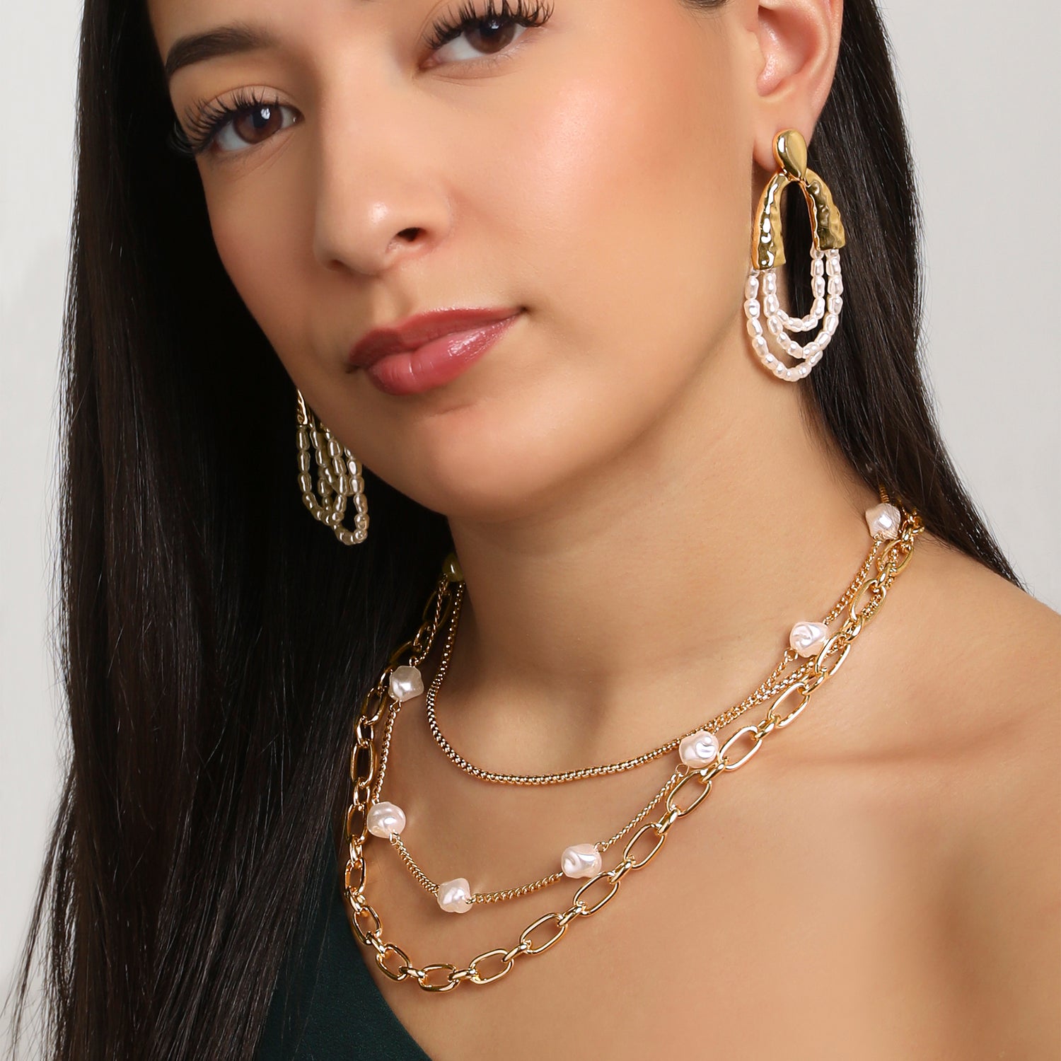 BCBG Layered Pearl Drop Chain Necklace