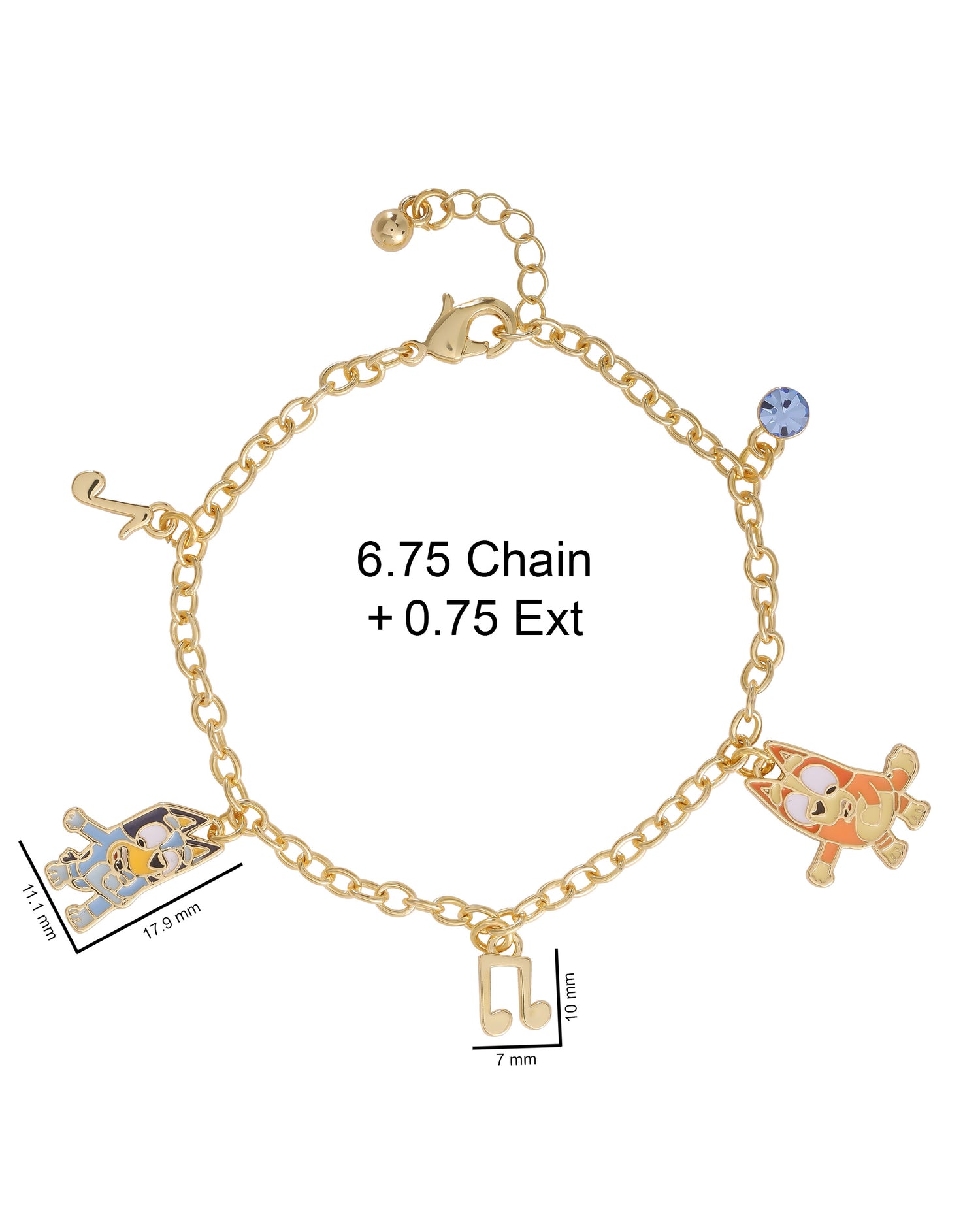 Bluey Bracelet with 5 Charms Official License, 6.75"+.75" - Gold Tone