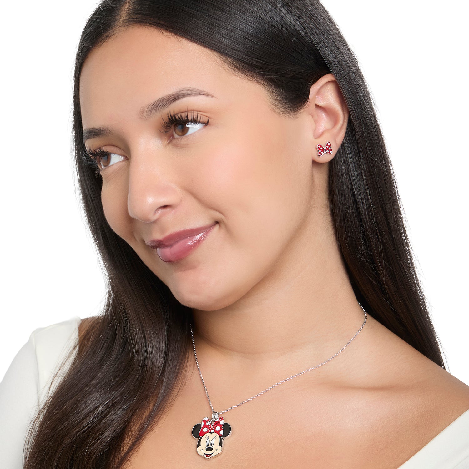 Disney Minnie Mouse Necklace & Stud Earrings Set, Red Chain & Enamel