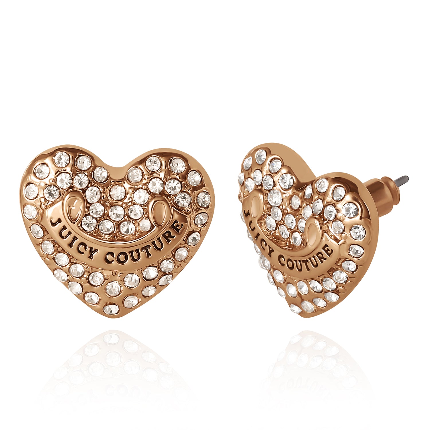 Juicy Couture Logo Heart Stud Earrings for Women with Clear Stones, Juicy Couture Earrings Gold Tone
