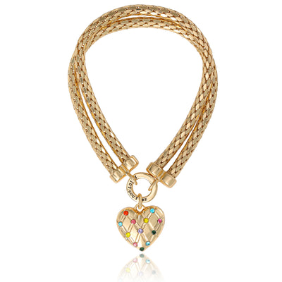 Juicy Couture Double Chain Heart Padlock Bracelet, Gold‑Tone with Rainbow Crystals