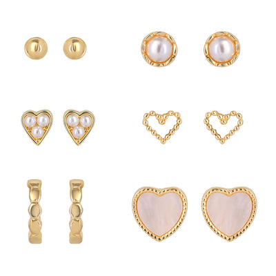 Celebrity Pink Gold-Tone Heart Stud Earrings and Huggie Hoops Pack of 6 | 6-Pack, Gold Heart Earrings, Faux Pearl Accents, Faux Pearl Accents