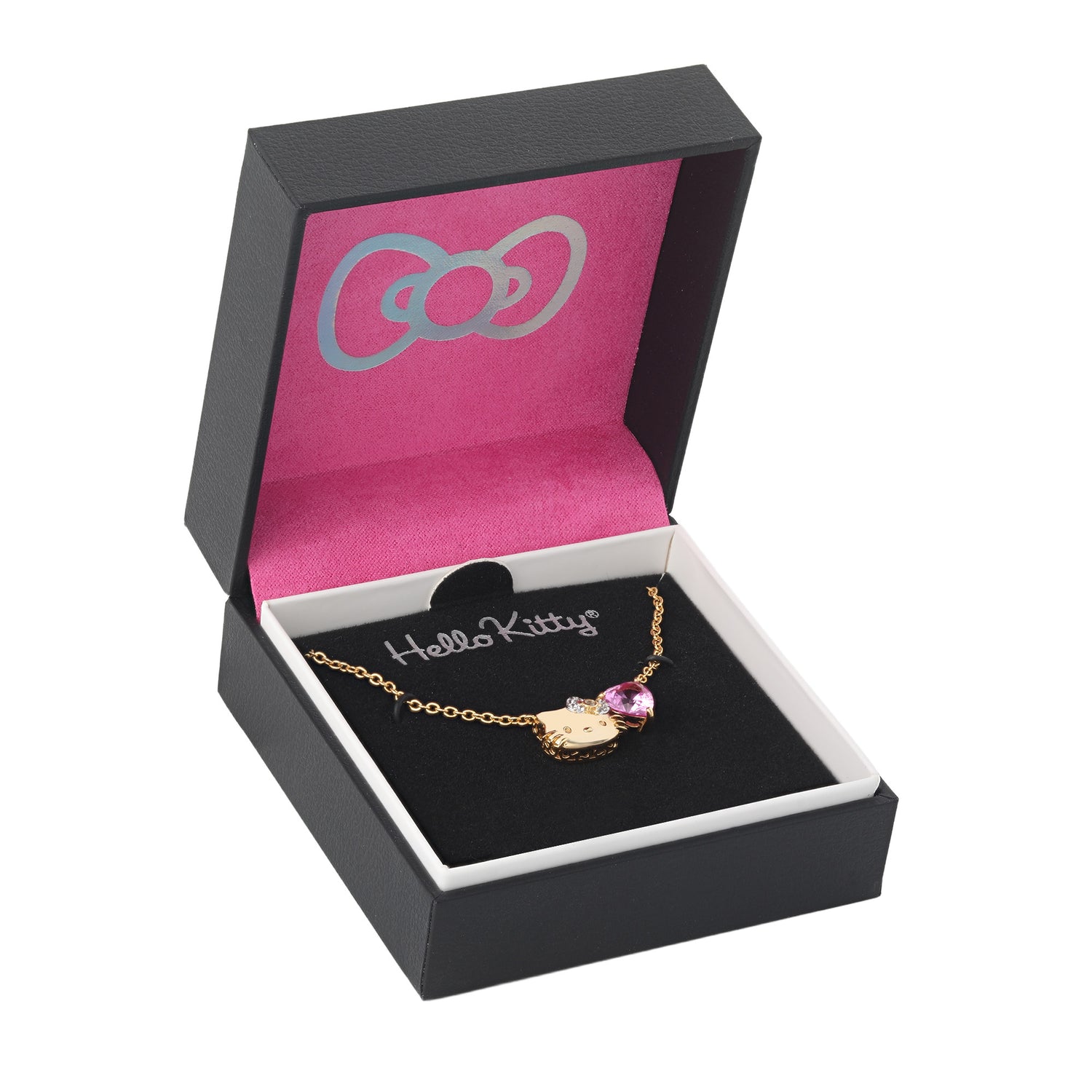 Hello Kitty Face and Heart Necklace 18", Yellow Gold-Plated Sterling Silver with Created Pink & White Sapphire, Official License