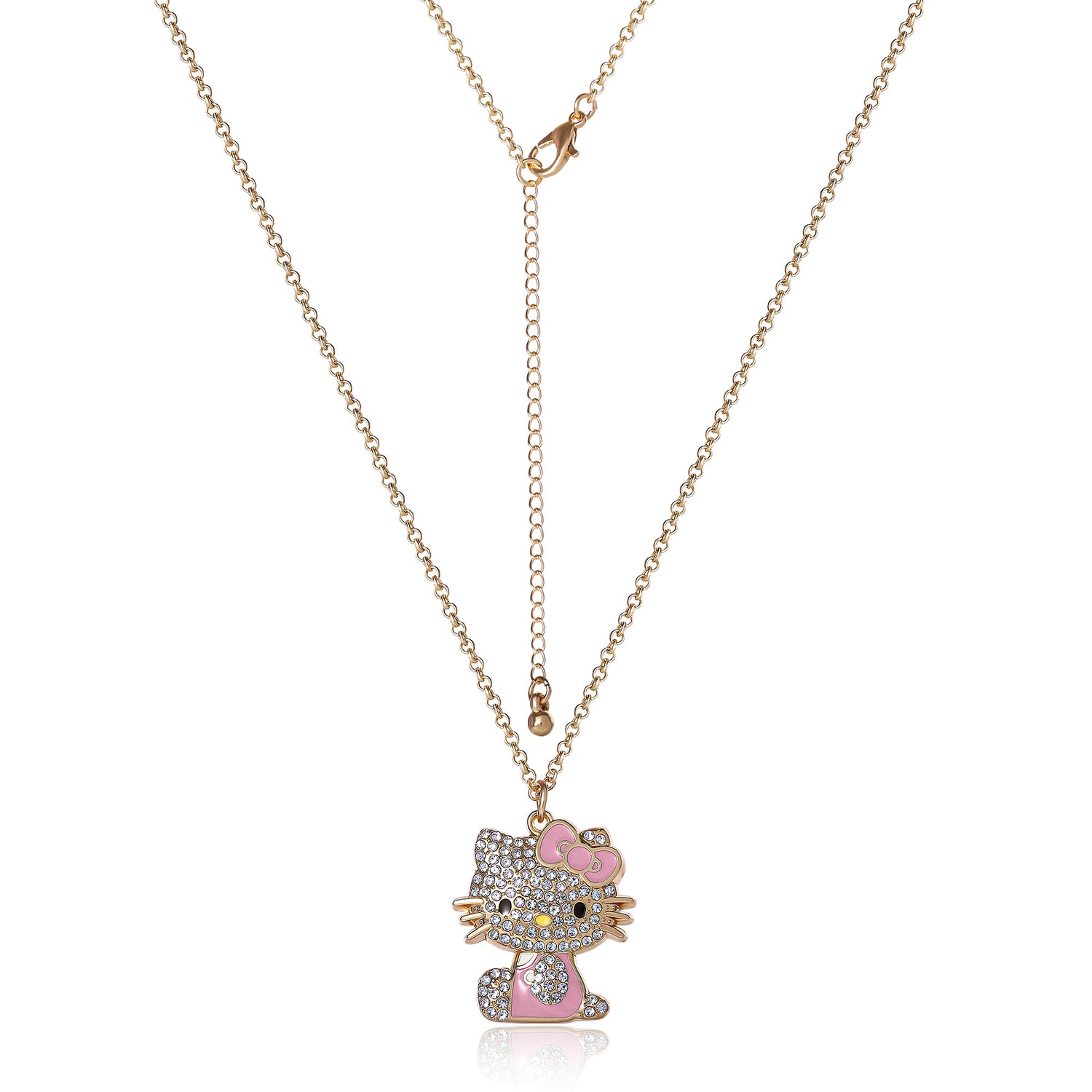 SALLY ROSE Hello Kitty Pink Enamel and Pave Crystal Pendant Necklace Official License, Gold-Tone 16+3 Hello Kitty Necklace, Sanrio Gifts - Pink