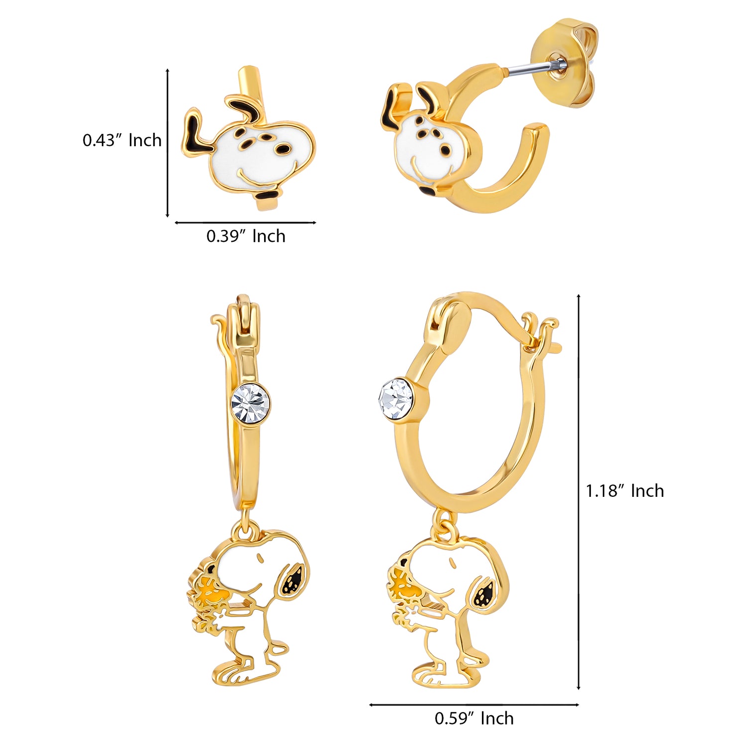 Peanuts Snoopy Earring Set, 2-Pair, Gold-Tone Studs & Dangle Hoops