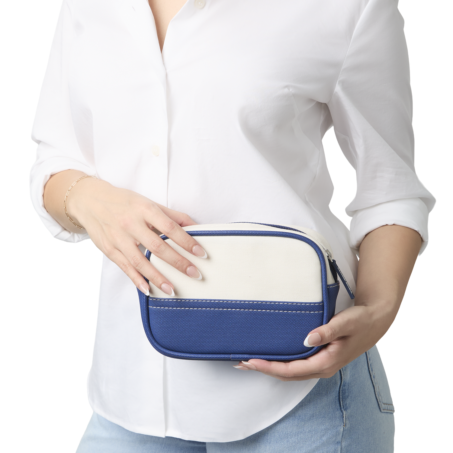 Lands' End Medium Rectangular Dopp Kit for Travel, Striped Canvas Toiletry Bag with Top Zip (Navy) - Navy