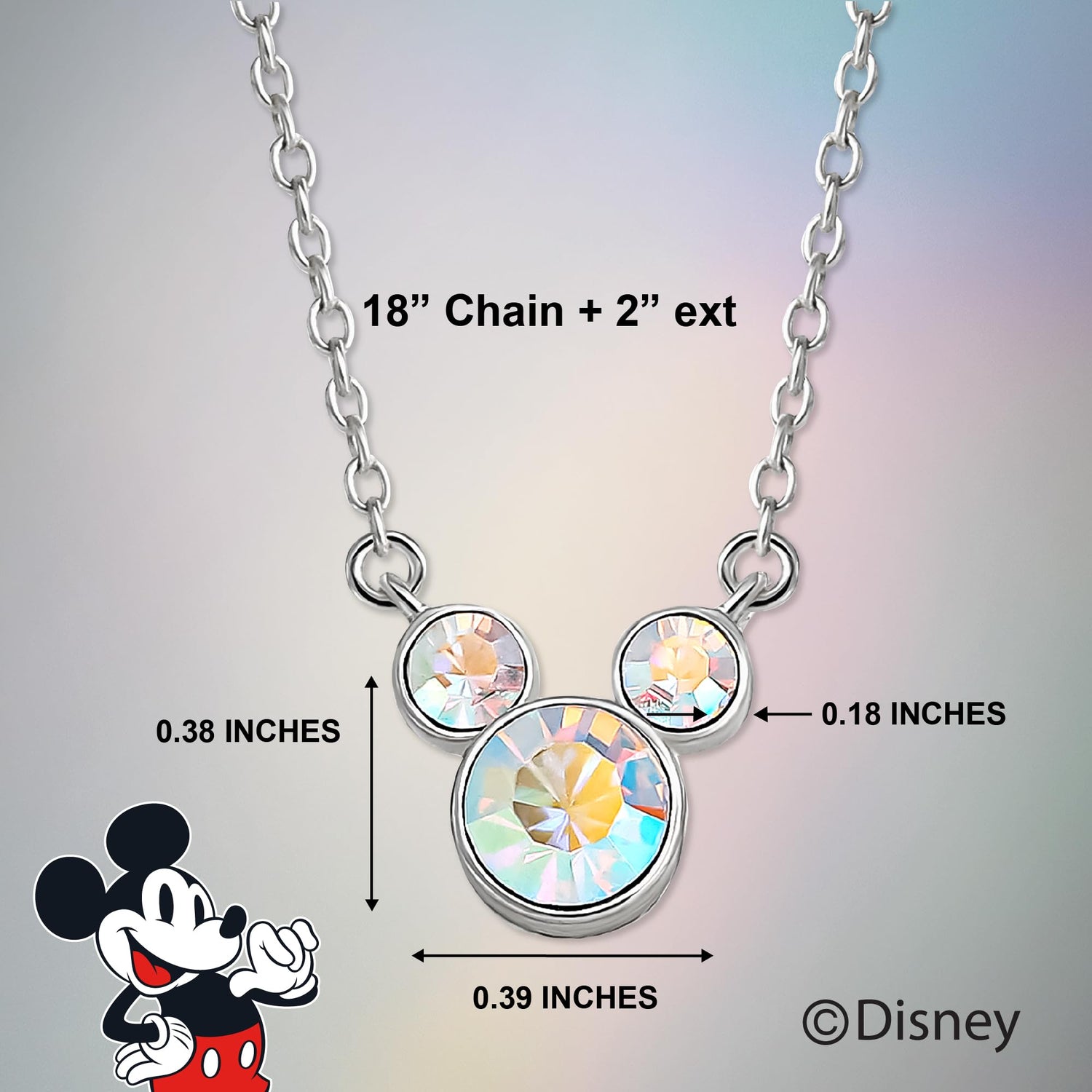Disney 100 Minnie Mouse Aurora Boreal Crystal Necklace 18"+2", Sterling Silver Mickey Mouse Necklace Official License