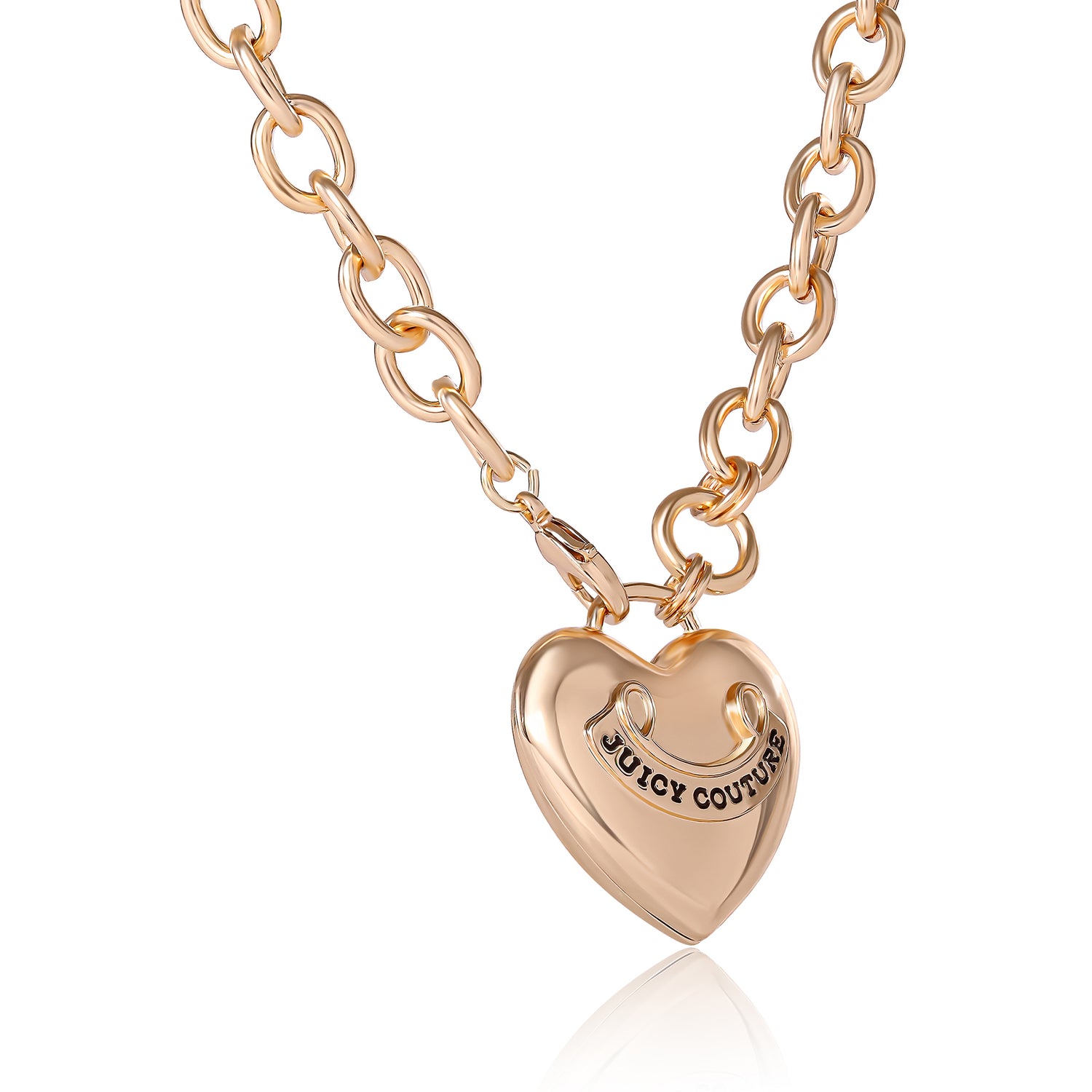 Juicy Couture Puffy Heart Necklace Gold Tone, Logo Heart Ladies Necklace Long 28"+2", Juicy Gifts