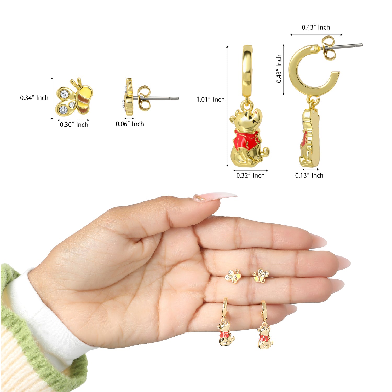 Winnie the Pooh Earrings for Women Pack of 2, Gold Tone and Clear Crystals