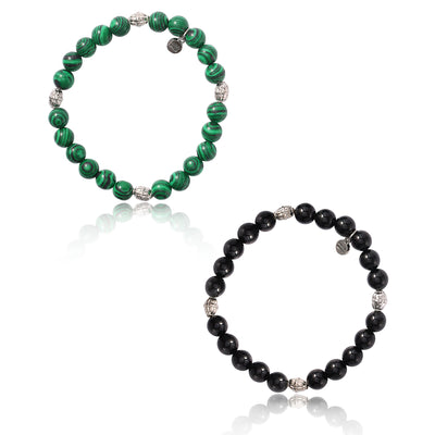 Lucky Brand Black and Green Beaded Stretch Bracelets - Two-Piece Natural Stone Set for Men