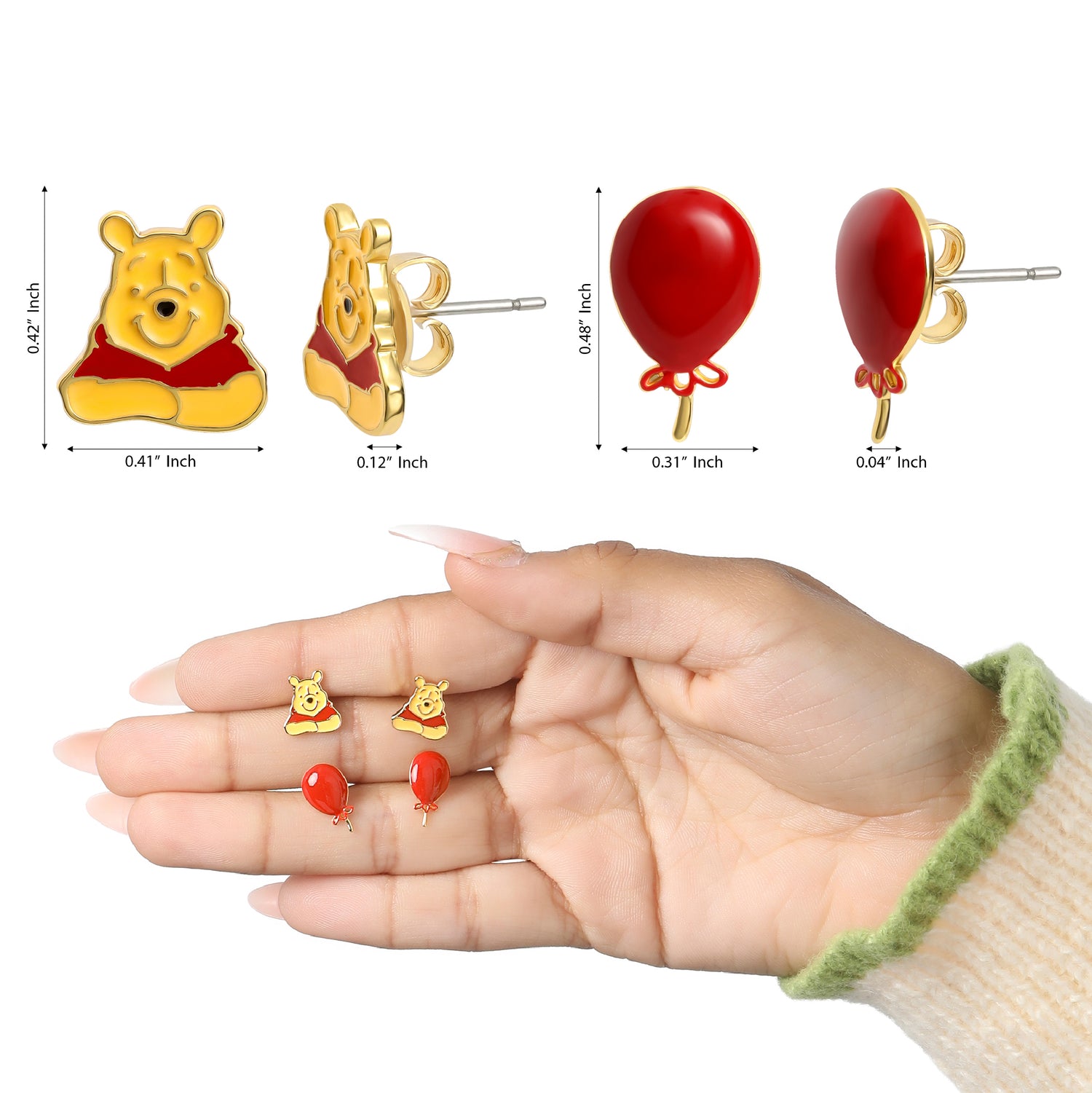 Winnie the Pooh Earrings Pack of 2 Official License, 18k Gold Flash Plated