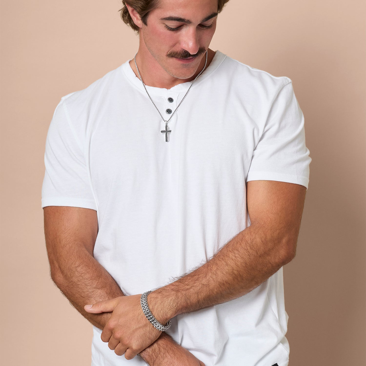 Lucky Brand Stainless Steel Cross Necklace for Men 24", Two-Tone Pendant Necklace, Cross Jewelry