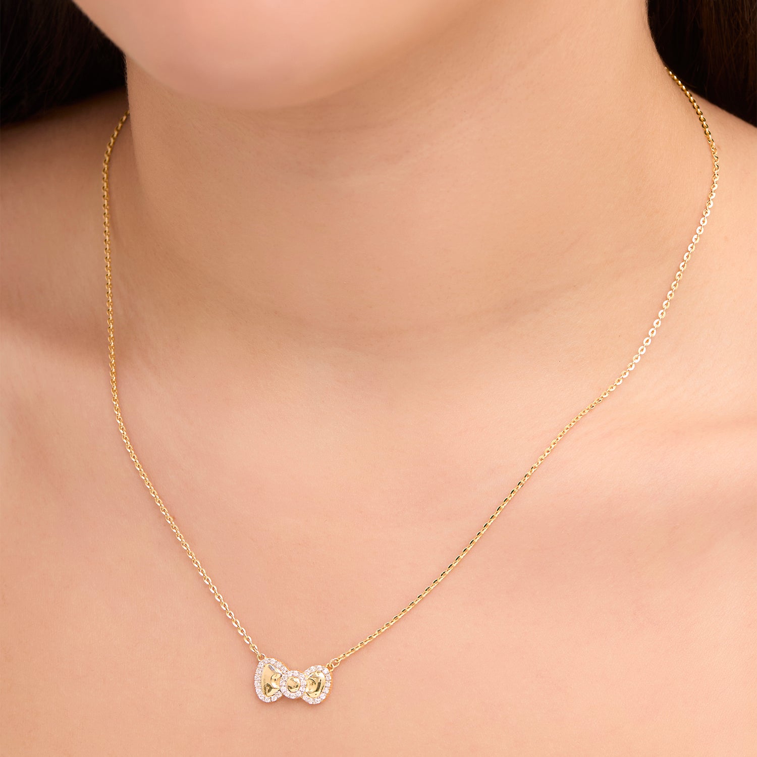 Hello Kitty Bow Necklace 18", Two-Tone Plated Sterling Silver with Created White Sapphire Halo, Official License