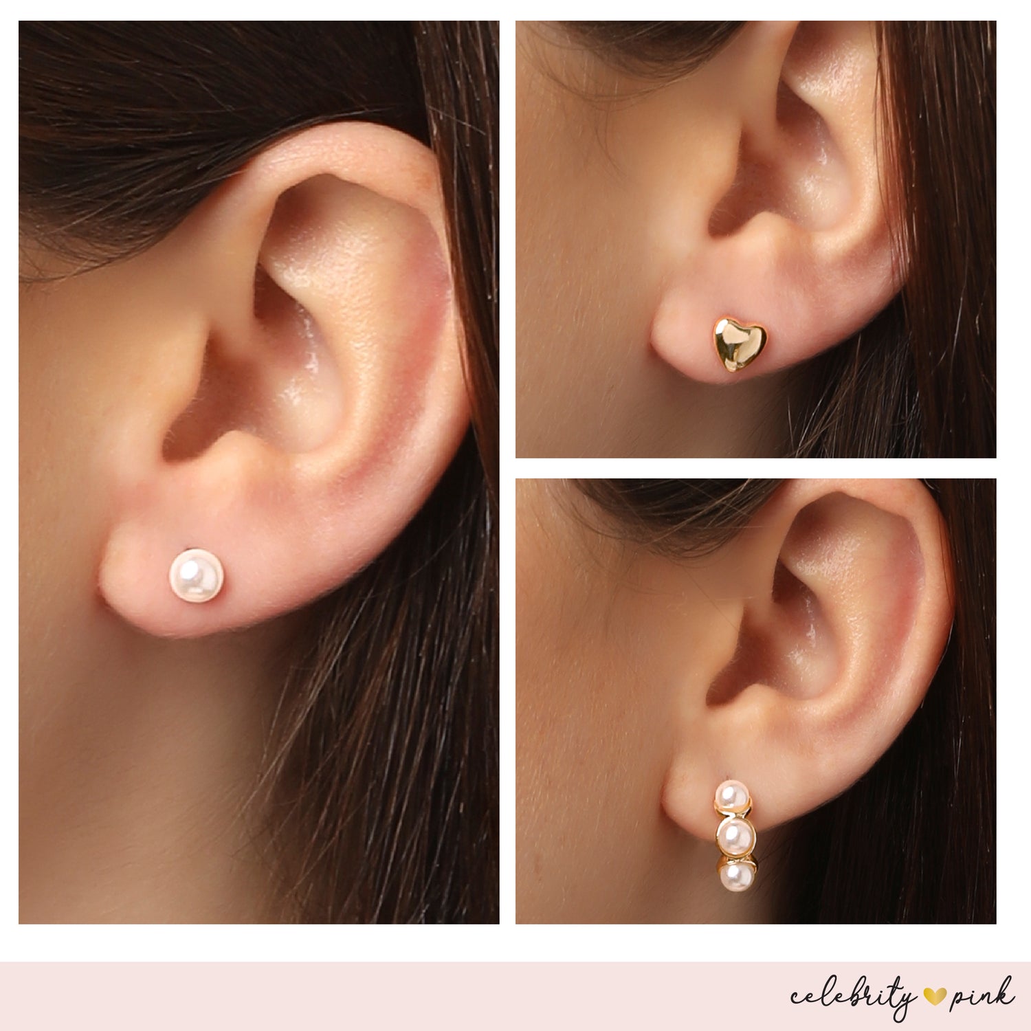 Celebrity Pink Womens Earrings Gold-Tone 6-Pack, Faux Pearl Studs and Hoops | 6-Pack, Faux Pearl Accents, Yellow Gold Tone, Heart Earrings, Feminine Jewelry