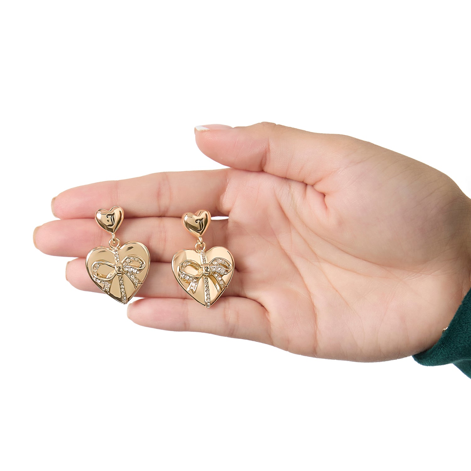 Juicy Couture Quilted Double‑Heart Drop Earrings, Gold‑Tone with Crystal Accents