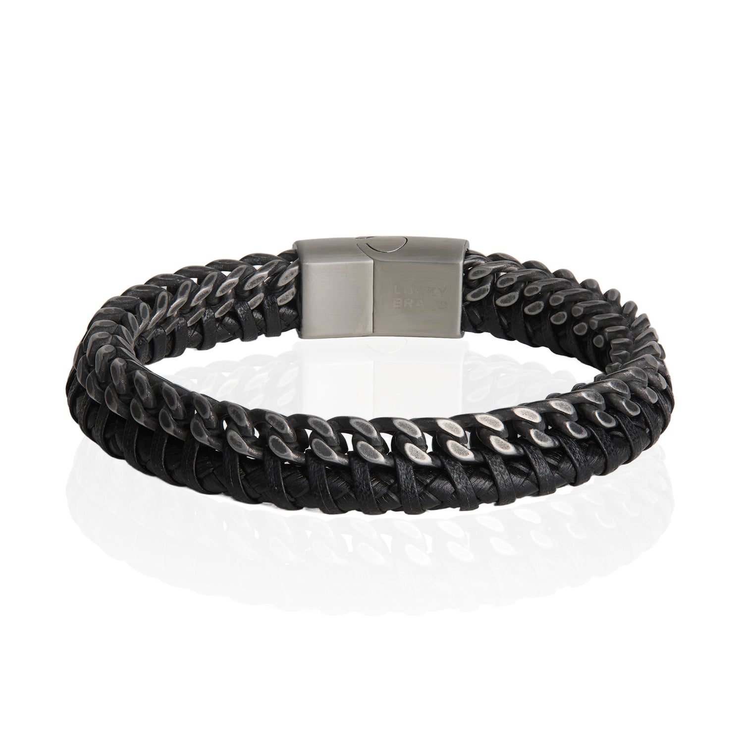 Lucky Brand Mens Bracelet Braided Black Leather and Stainless Steel, 8.25"