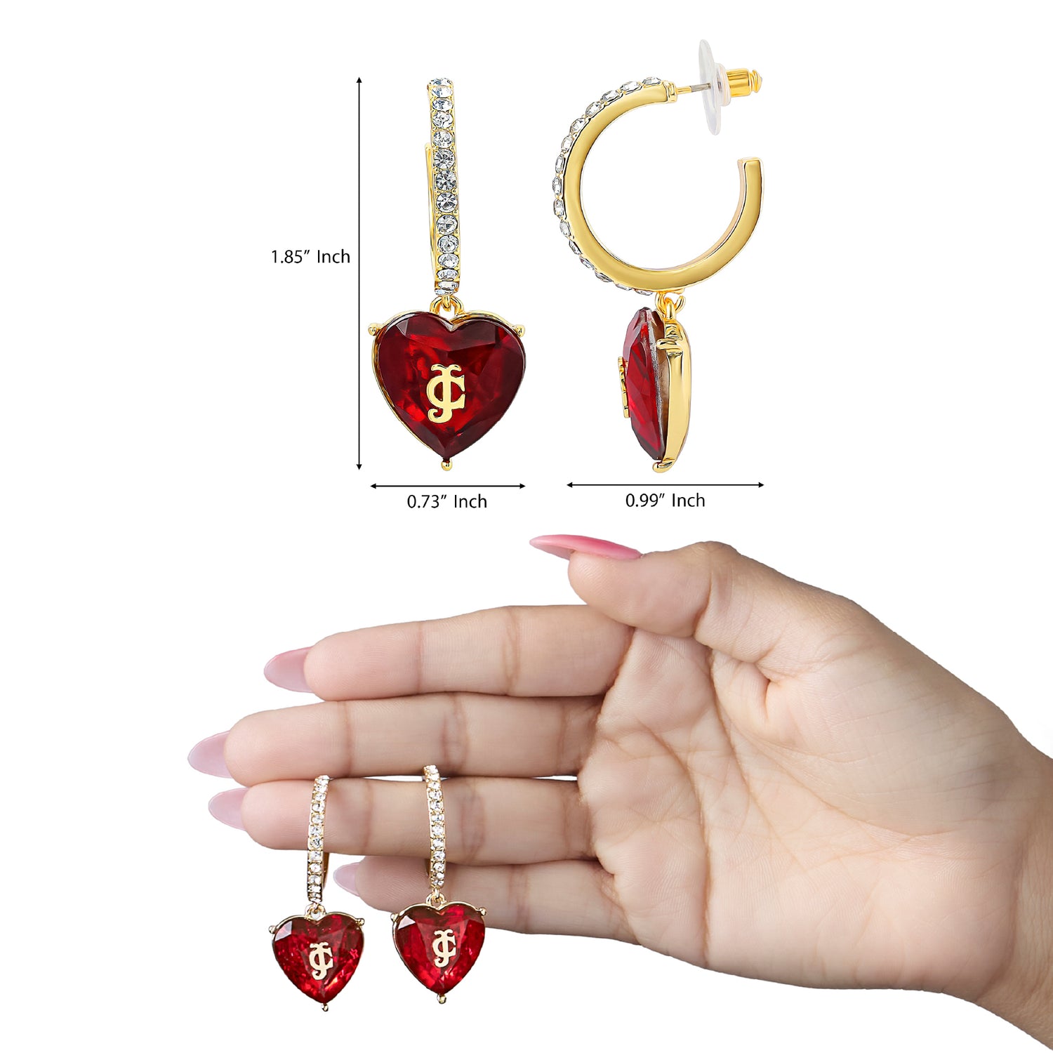 Juicy Couture Heart Charm Hoop Earrings for Women, Colored & Clear Stones - Red