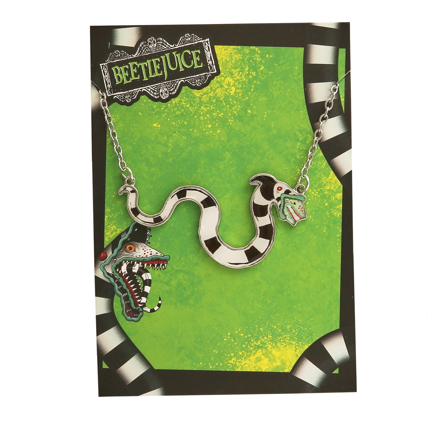 SALLY ROSE Beetlejuice Sandworm Pendant Necklace for Women Official License, 18"+3" Silver Tone and Enamel Beetlejuice Jewelry