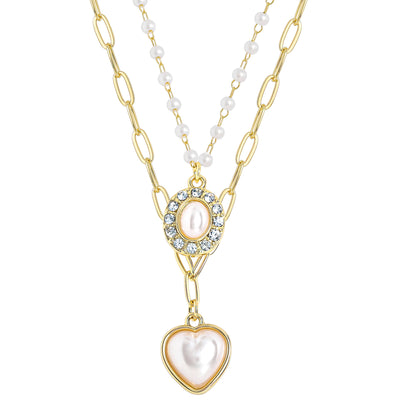 Celebrity Pink Layered Necklaces for Women with Pearls and Heart Pendant