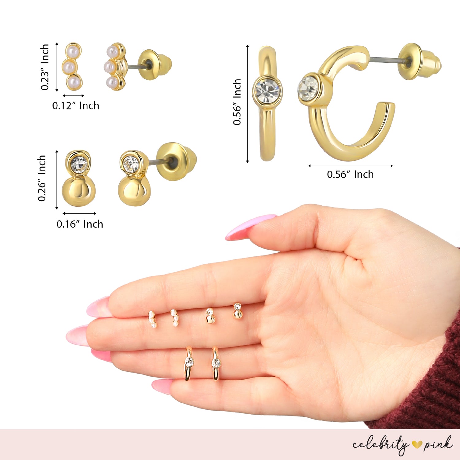 Celebrity Pink Embellished Gold-Tone Hoops and Stud Earrings Pack of 6 | 6-Pack, Small Hoops and Stud Earrings with Pearl and Rhinestone Accents