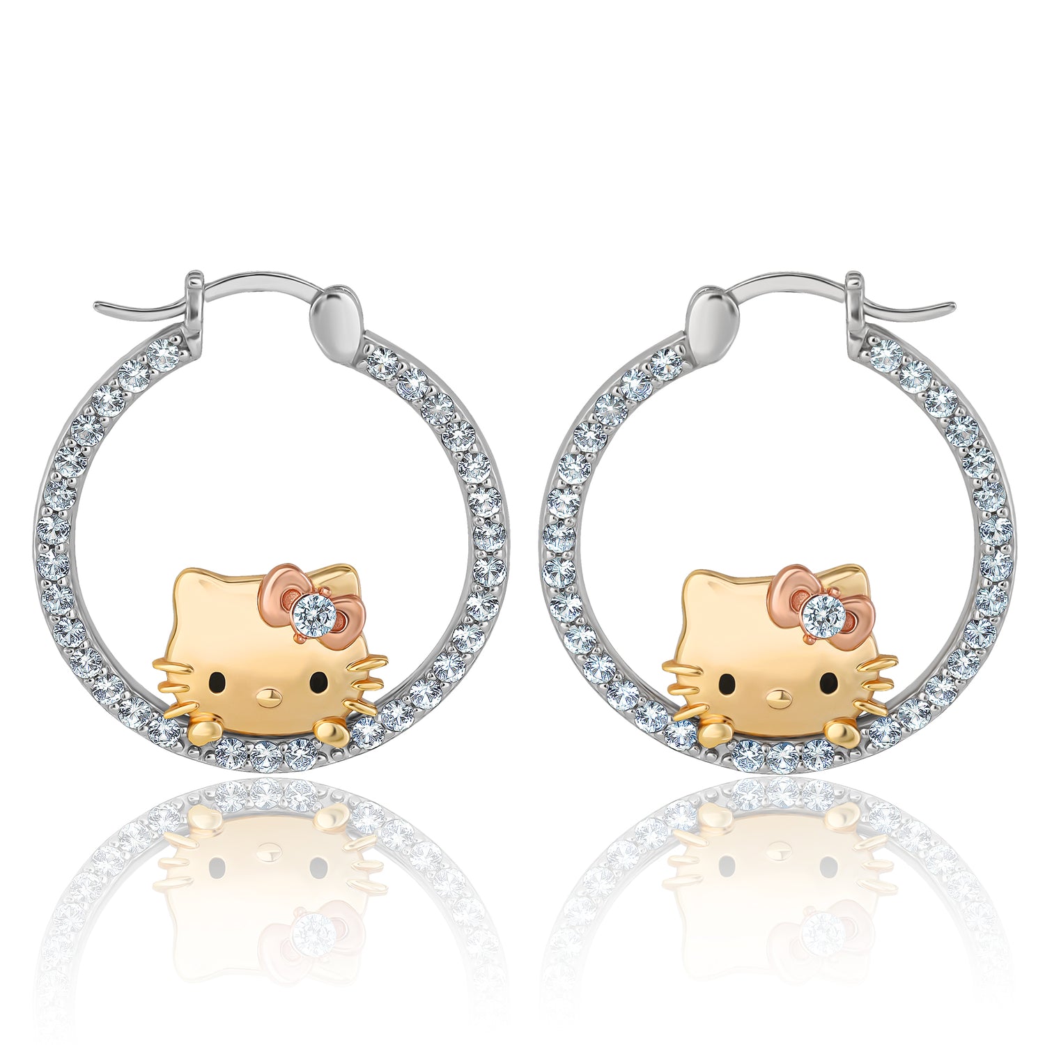 Hello Kitty Pop-Up Hoop Earrings, Tri-Color Sterling Silver with Created White Sapphire, Official License