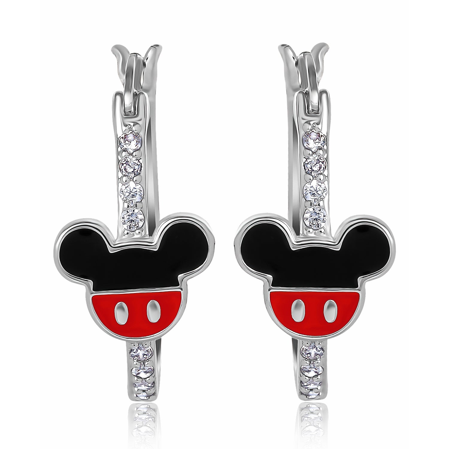 Disney Mickey Mouse Hoop Earrings Official License, Silver Flash-Plated Cubic Zirconia Disney Earrings for Women, Mickey Earrings