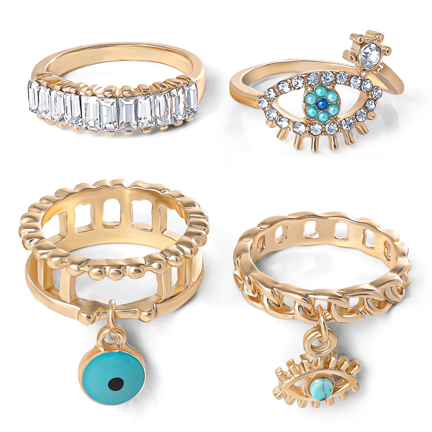 Jessica Simpson 4-Piece Charm Ring Set with Turquoise Accents - Size 7