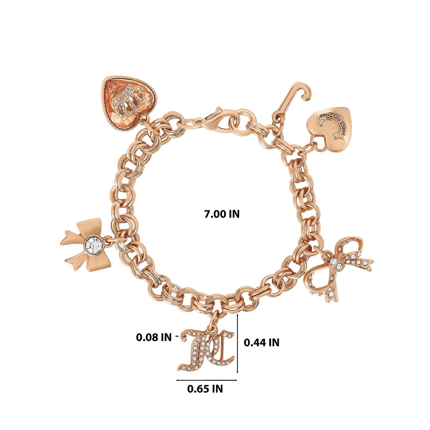 Juicy Couture Gold-Tone Charm Bracelet, Crystal Bow & Logo Charms, 7"