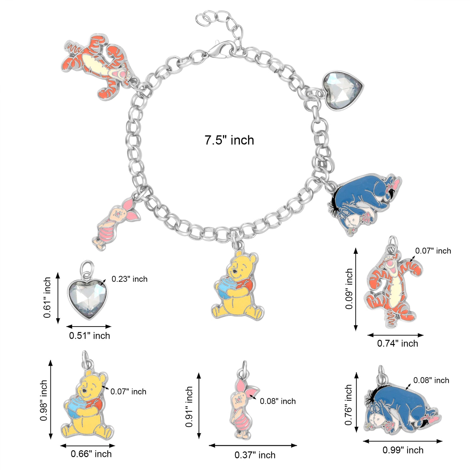 Winnie-the-Pooh Charm Bracelet for Women Official License, 7.5"+1"