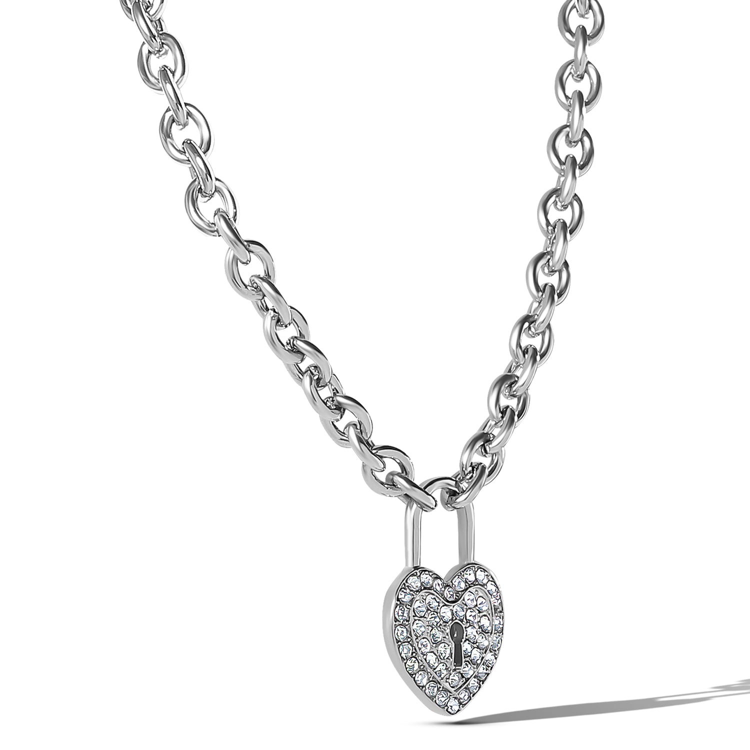 Jessica Simpson Silver-Tone Pave Crystal Heart Lock Necklace