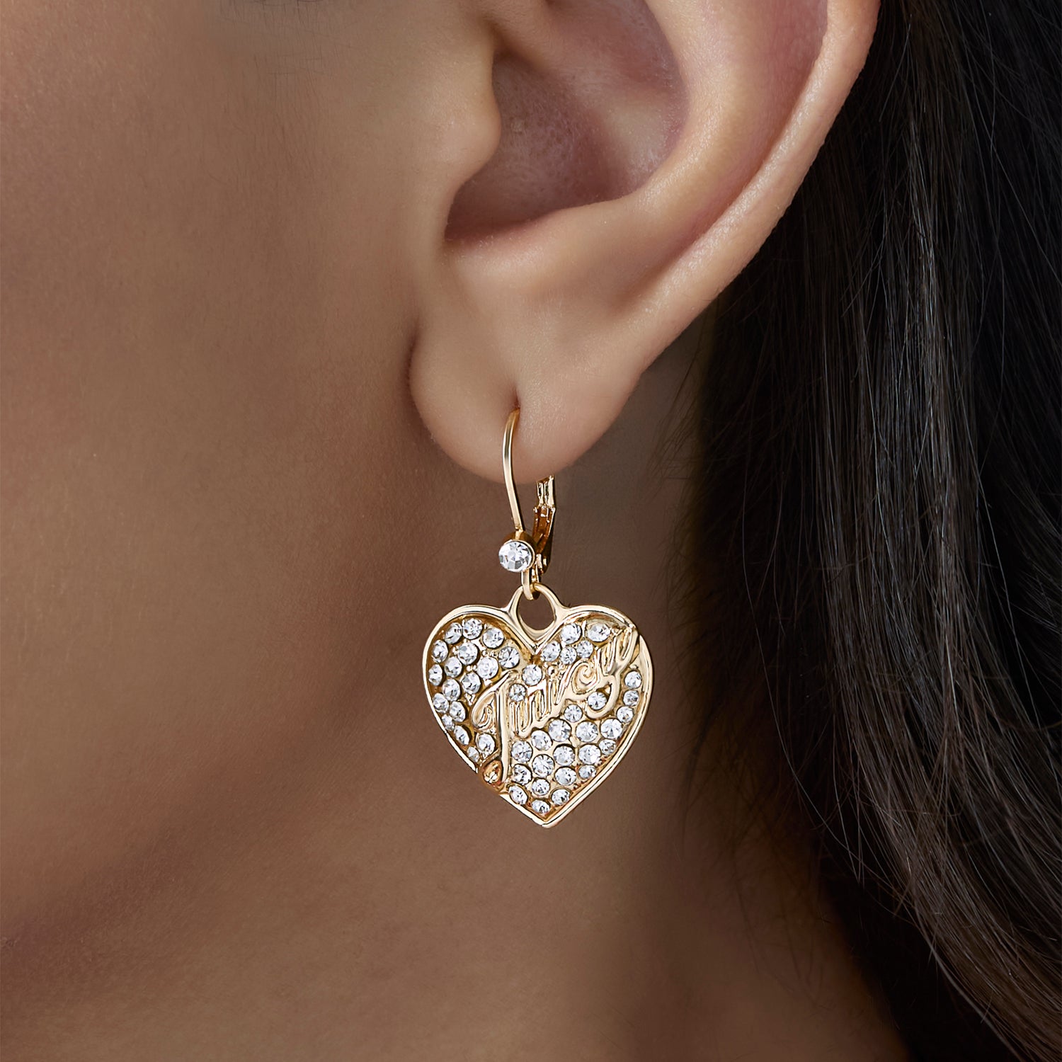 Juicy Couture Crystal Heart Charm Dangle Earrings for Women, Yellow Gold-Tone, Leverback