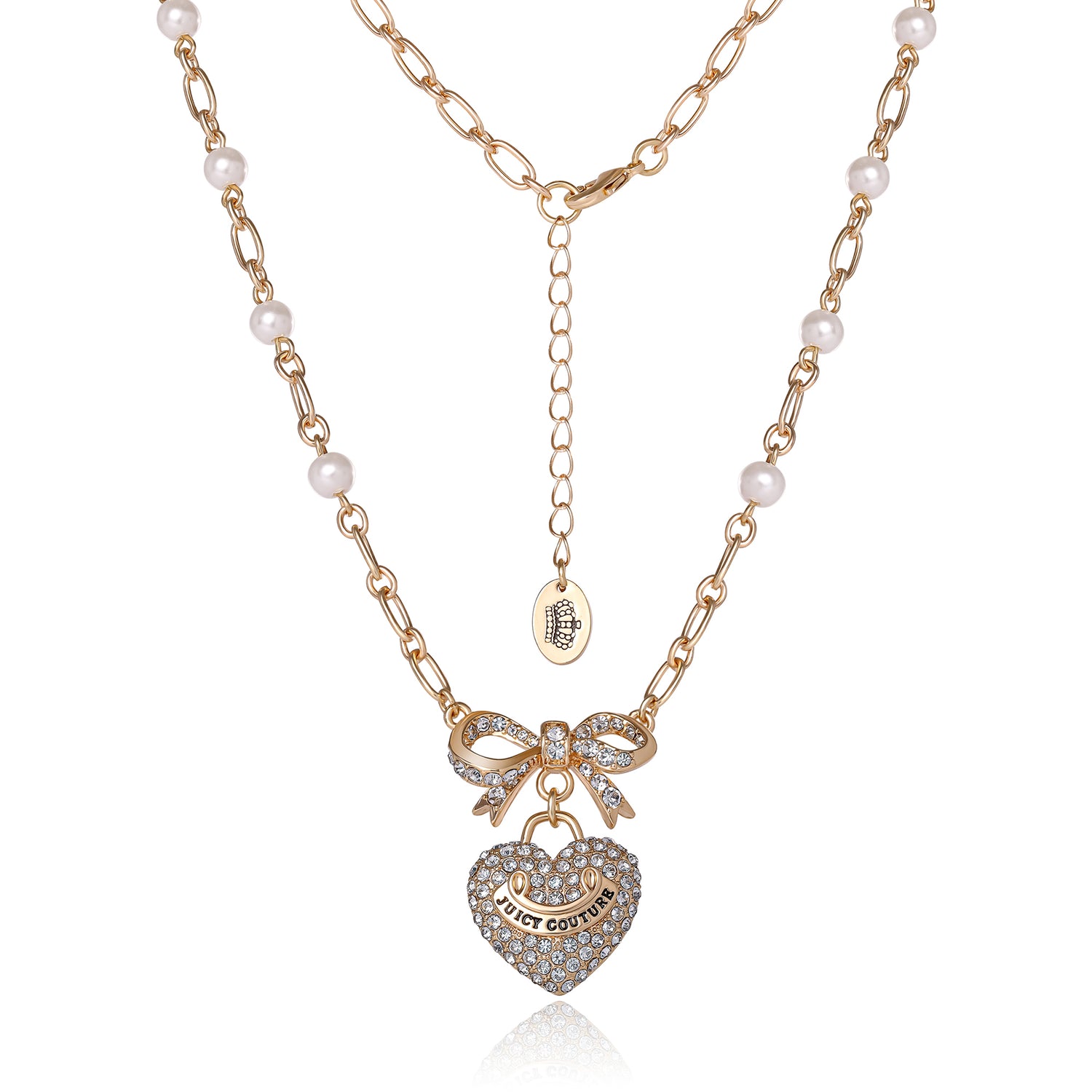 Juicy Couture Necklace Gold Tone 18"+2", Heart Charm Necklace for Women with Bow, Faux Pearls, and Clear Stones
