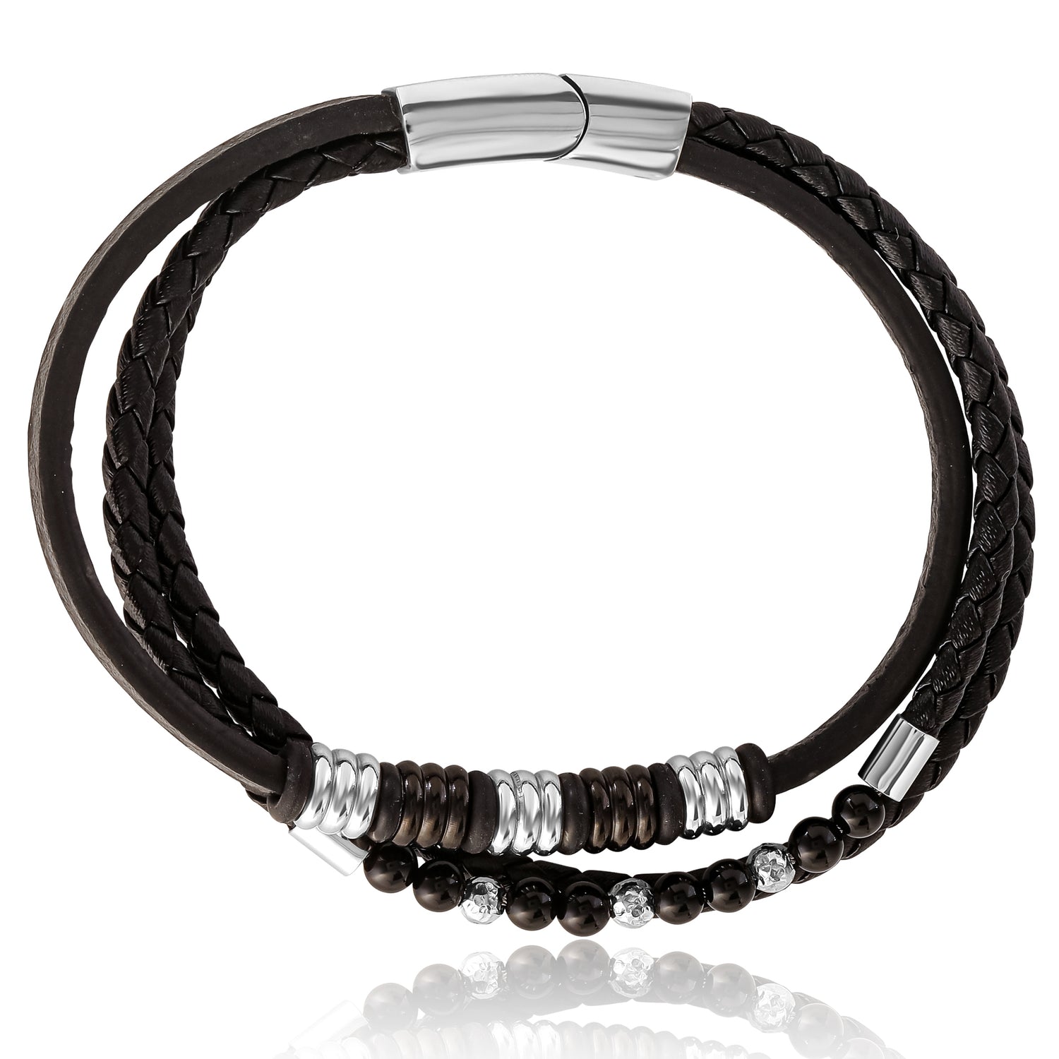 Lucky Brand Stainless Steel Triple Row Black Cord Bracelet - 8.25"