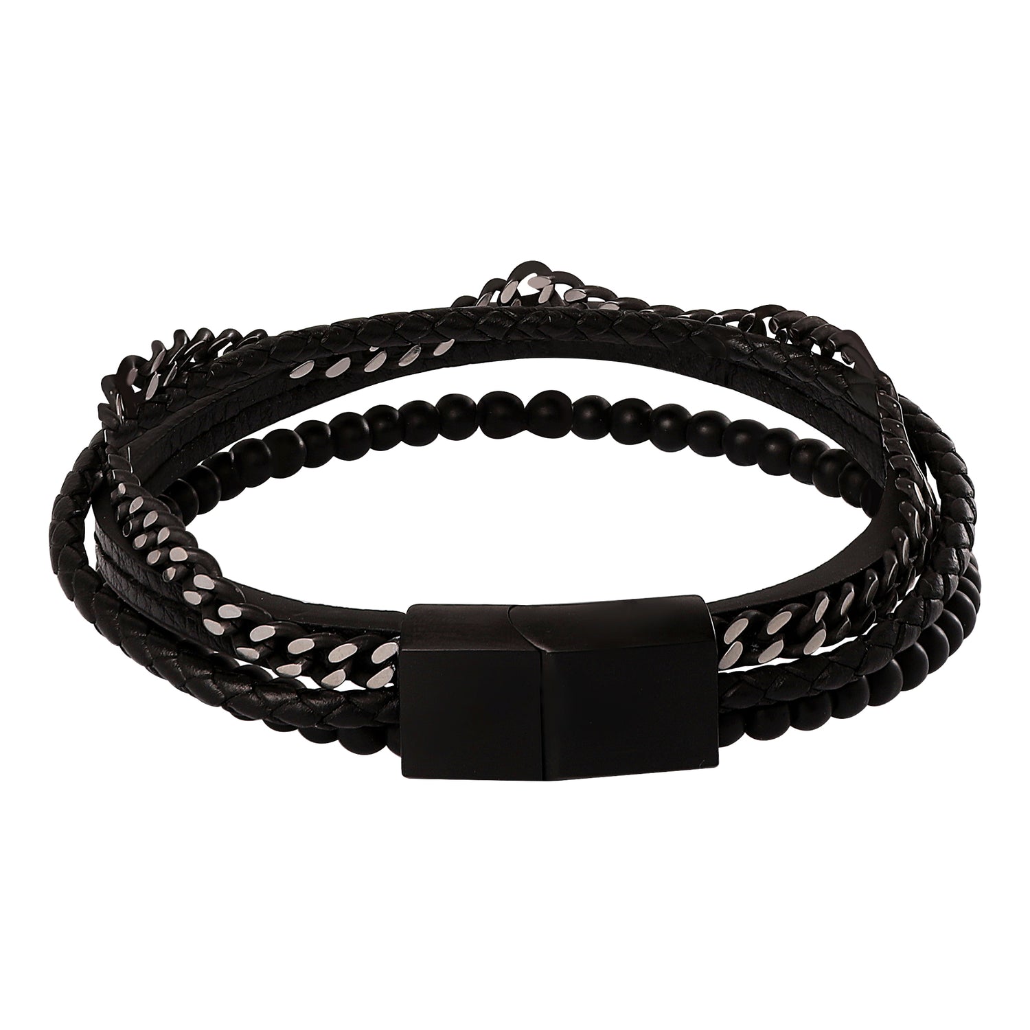 Lucky Brand Mens All Black Beaded Layered Bracelet with Magnetic Clasp