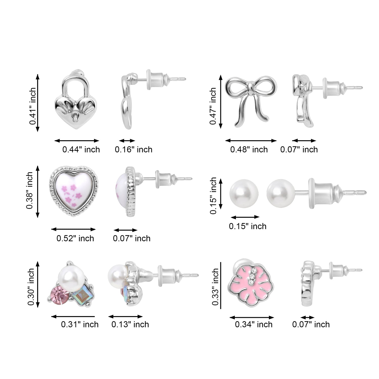 Celebrity Pink Bow and Heart Stud Earrings Pack of 6, Silver Tone