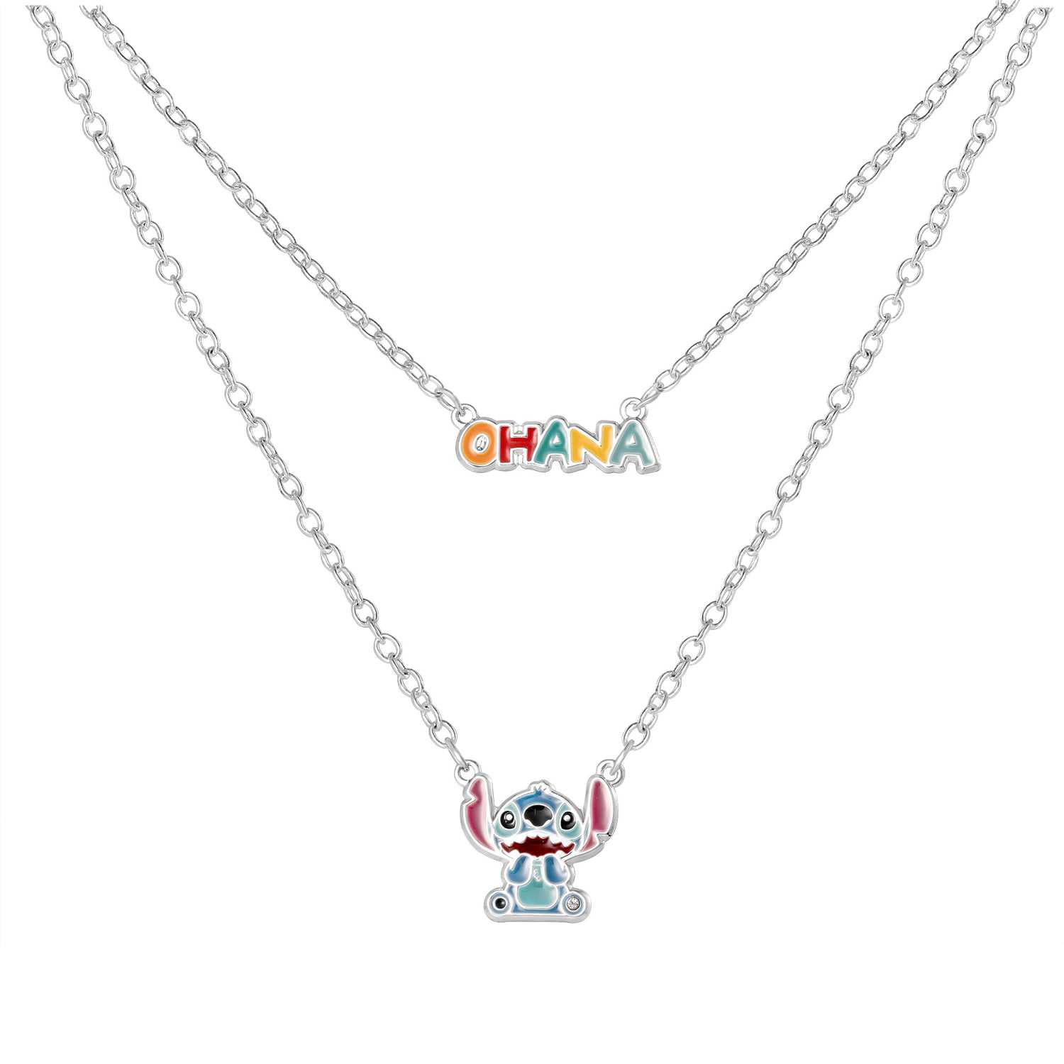 Disney Stitch Necklace Layered, Enamel-Plated Stitch and Ohana Pendants