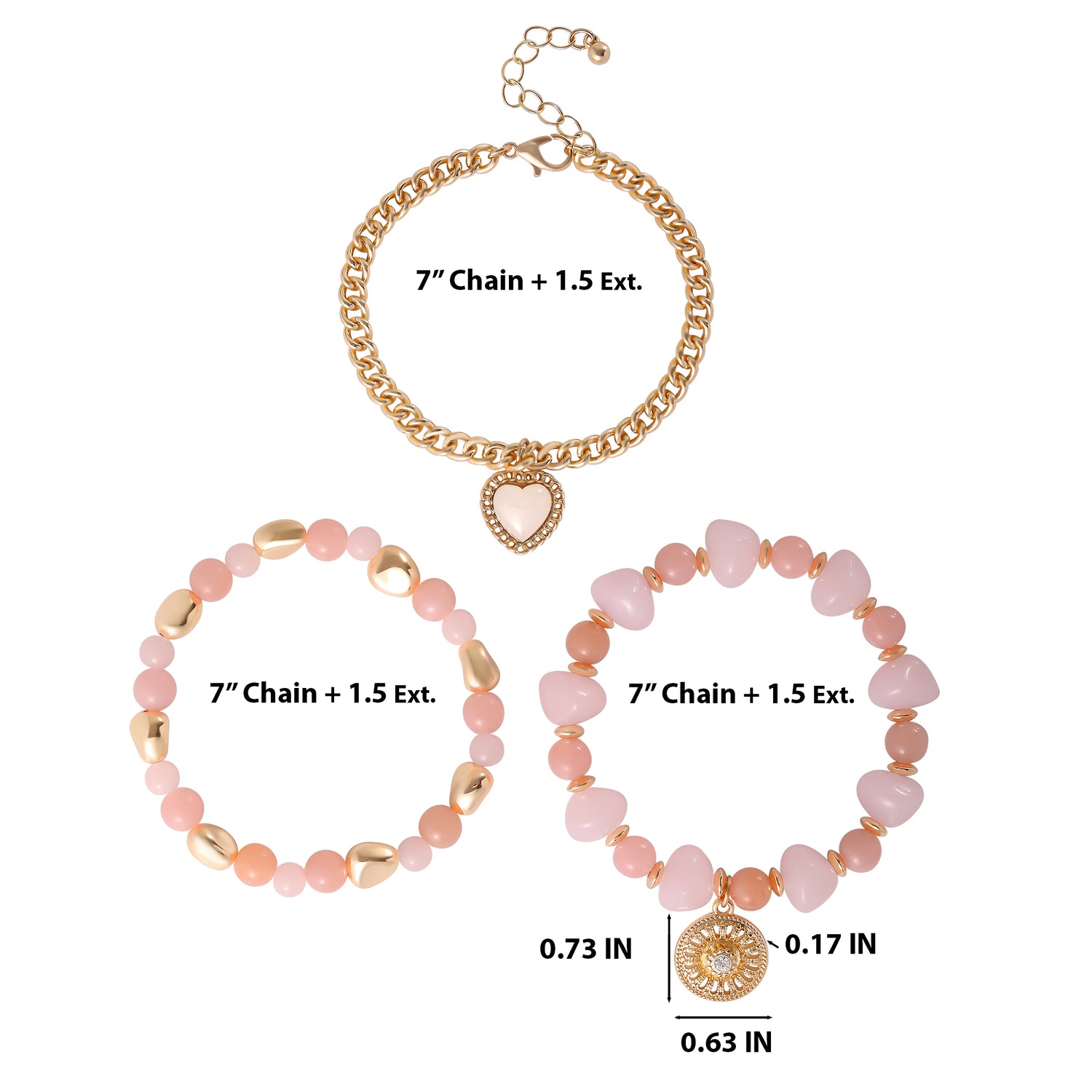 Jessica Simpson Set of 3 Pink and Gold-Tone Beaded Stretch Bracelets