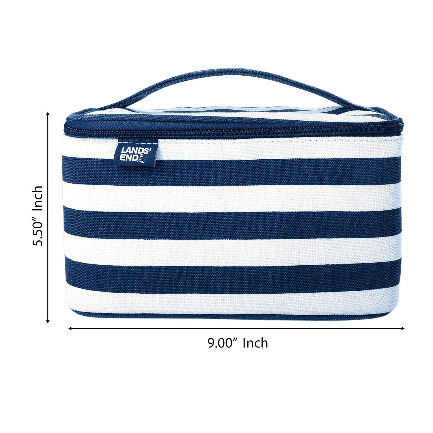Lands' End Large Makeup Bag Train Case with 2 100 ML Plastic Travel Bottles, Soft-Sided Cosmetic Travel Bag - Navy Stripe