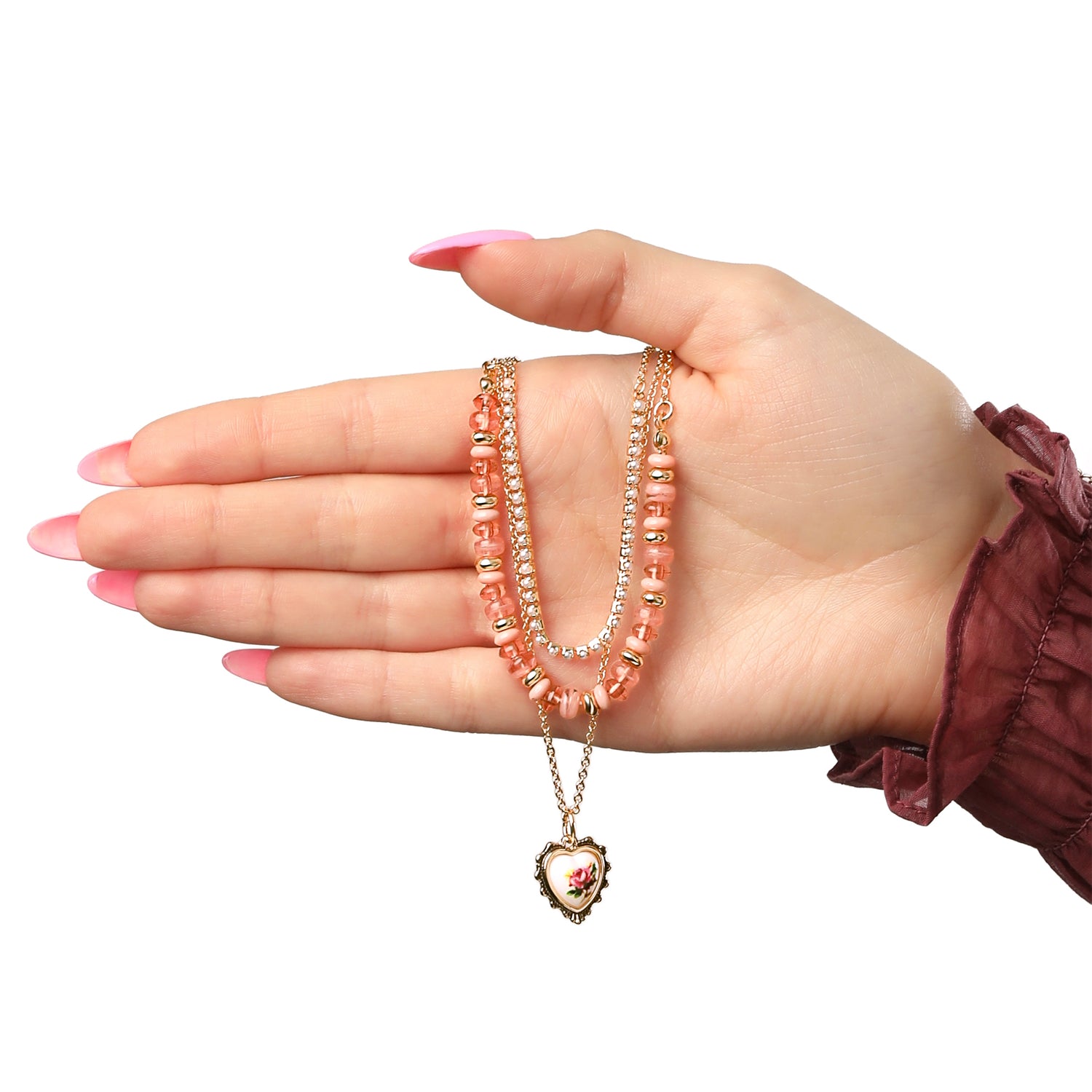 Celebrity Pink 3-Piece Necklaces for Women, Layering Necklaces Gold-Tone | Triple Necklace Stack 3 Separate Lengths, Pink Bead and Pearl Embellishments, Rose and Heart Pendant