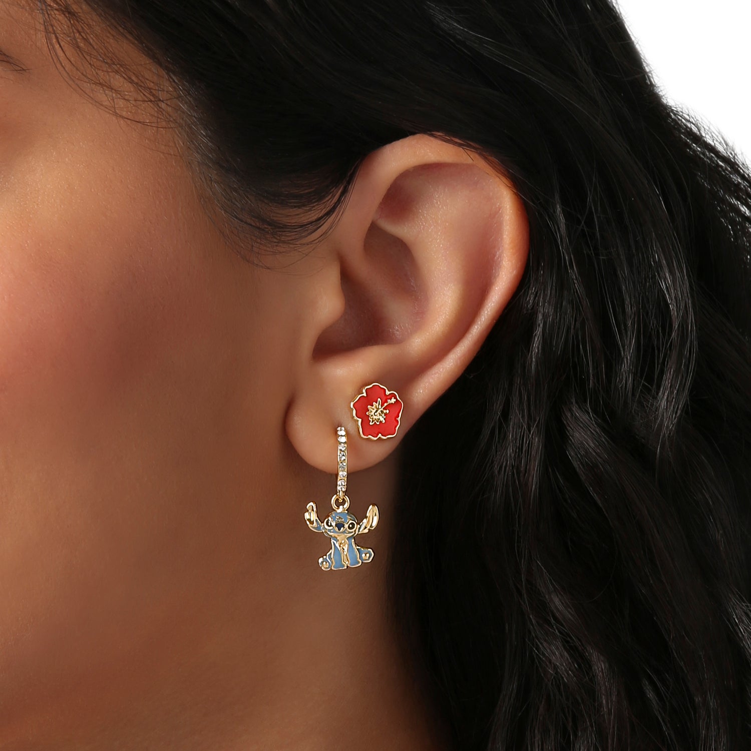 Disney Stitch Earrings 2-Pack, Hibiscus Studs and Stitch Charm Huggie Hoops